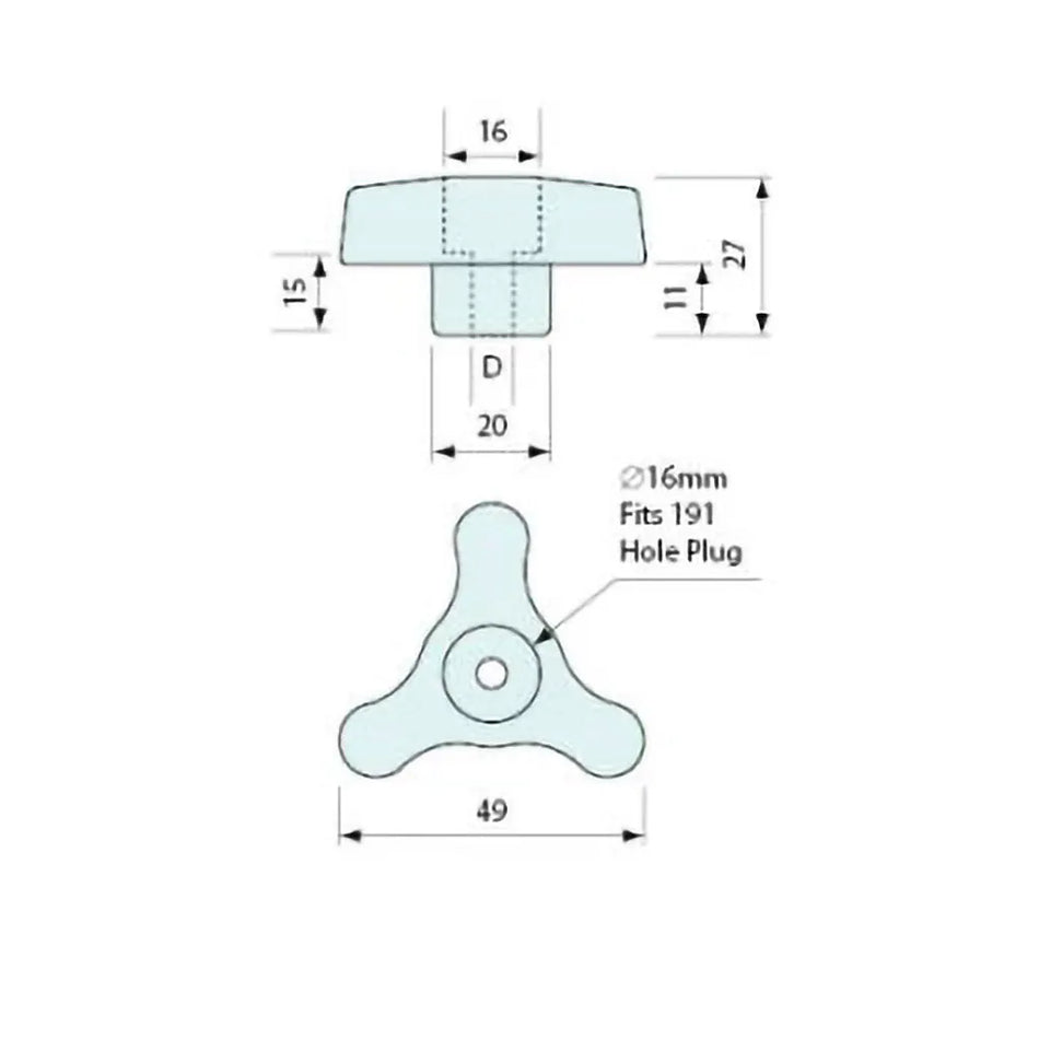 Tri Knob 1/4" BSW Internal Thread Each