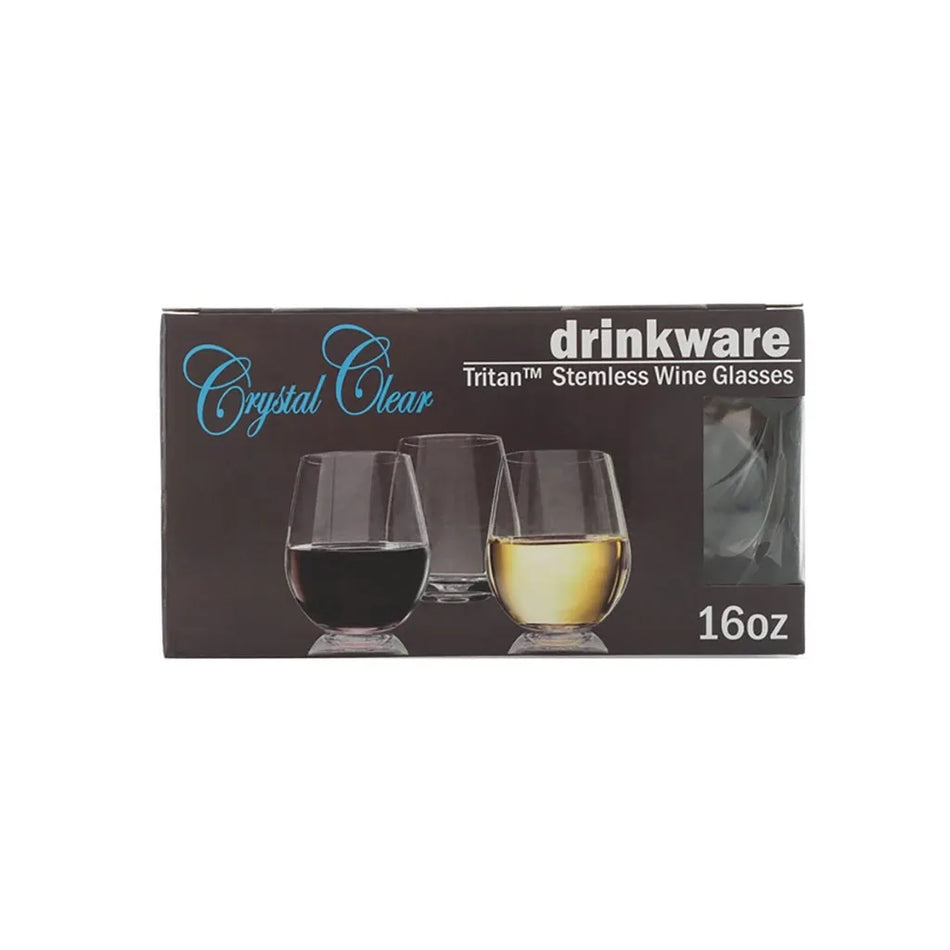 Triton Crystal Clear Stemless Wine Glass 16oz Pack 4